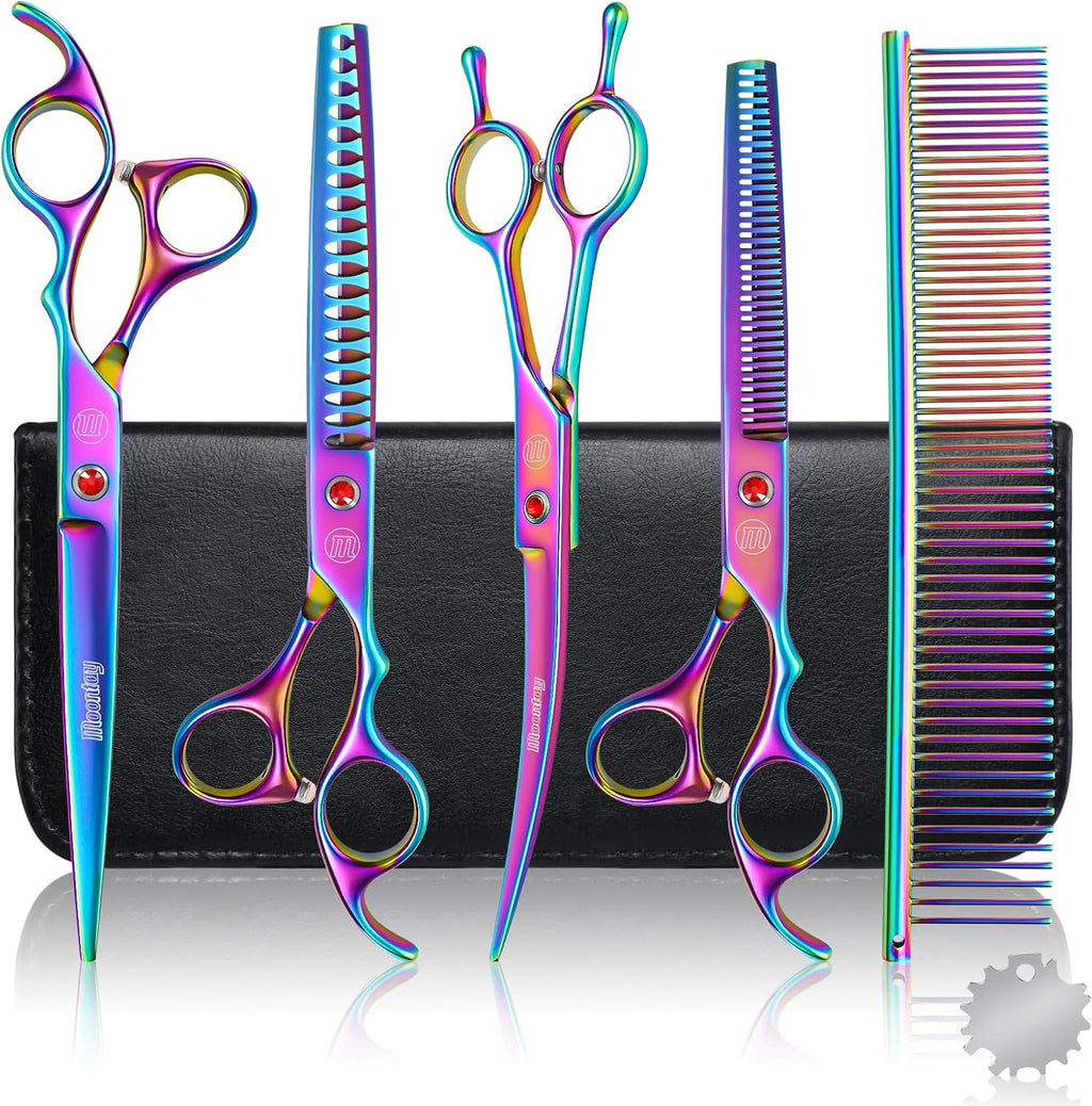 Professional Pet Grooming Scissors Set – 7" & 8" Curved, Thinning & Chunker Shears with Grooming Comb