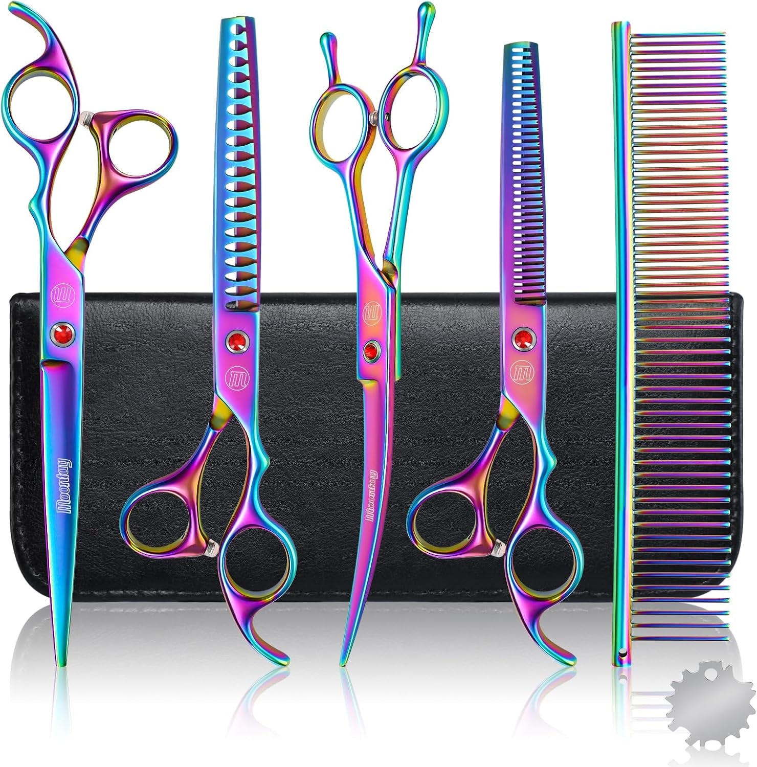 Professional Pet Grooming Scissors Set – 7" & 8" Curved, Thinning & Chunker Shears with Grooming Comb