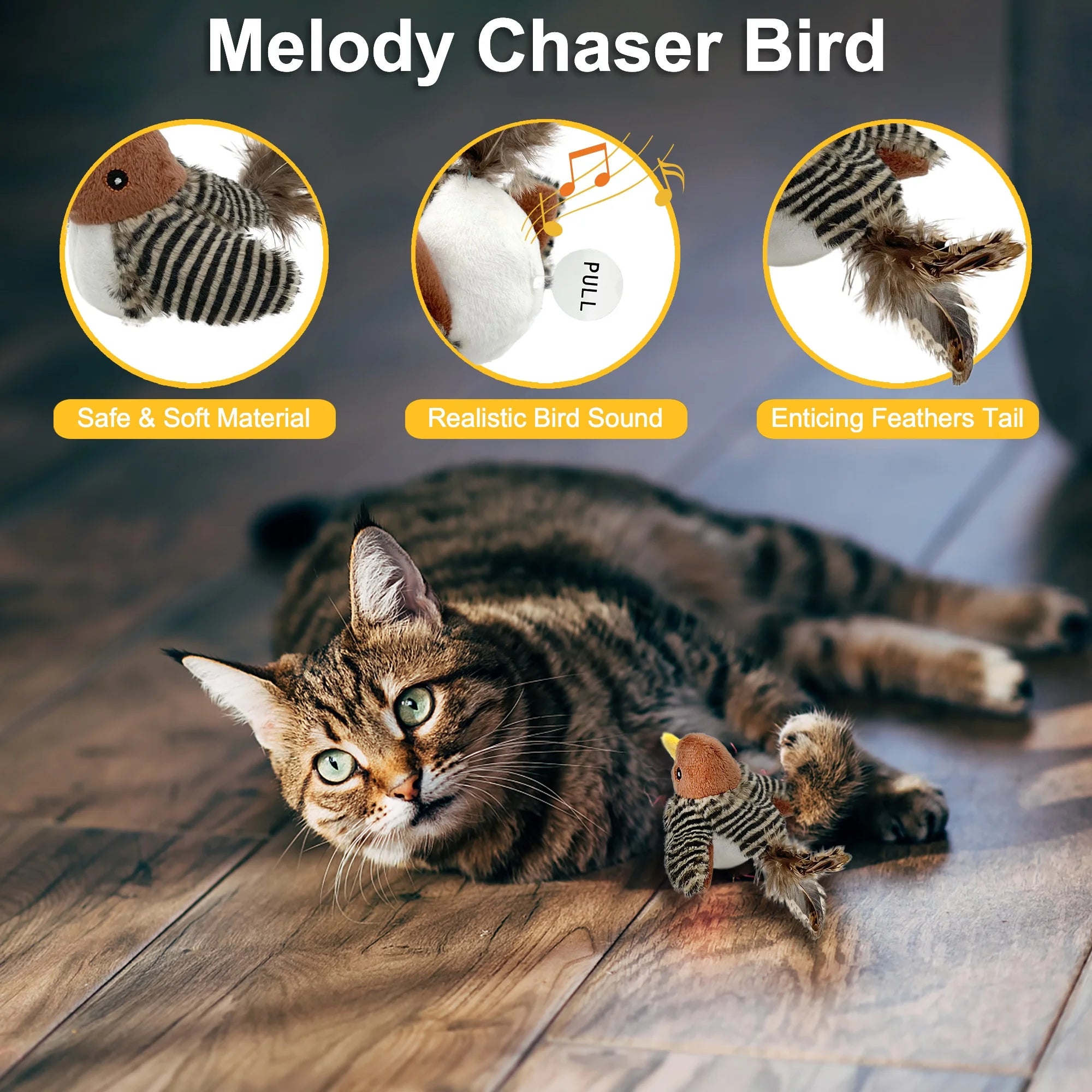 Interactive Electronic Cat Toy, Automatic Chirping Bird Toy Squeaky with Feather Tail, Melody Chaser Toy for Cats to Play Alone