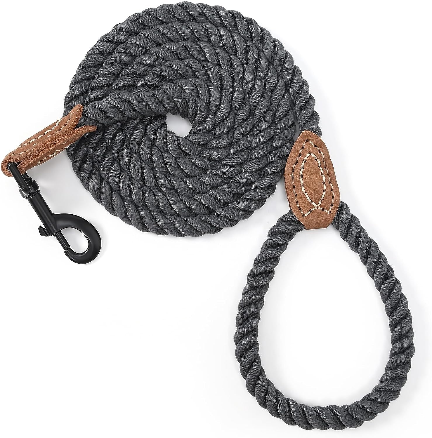 Dog Leash, Braided Cotton Rope Leashes with Leather Tip - Heavy Duty Metal Clasp, 4FT, 1/2" Thick- Dark Brown