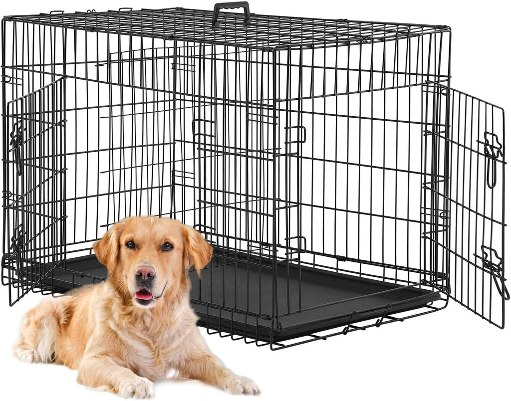 24 Inch Black Foldable Metal Double Door Dog Crate with Divider Removable Tray for Small Dogs