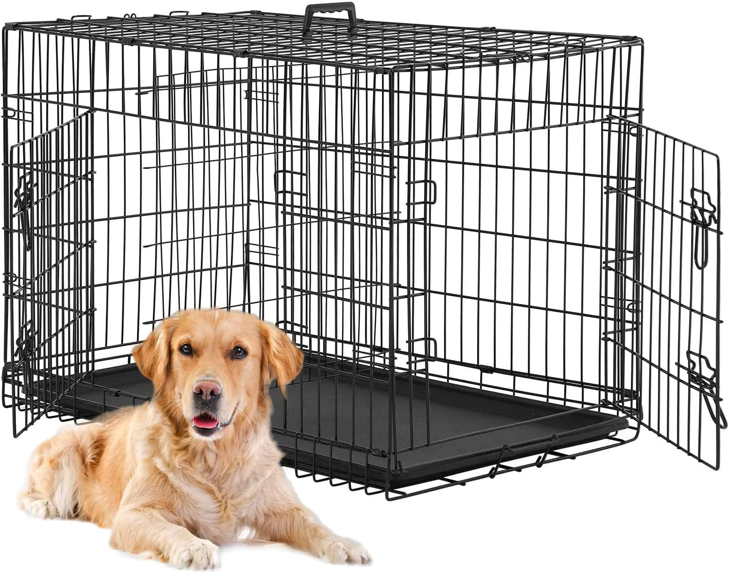 24 Inch Black Foldable Metal Double Door Dog Crate with Divider Removable Tray for Small Dogs