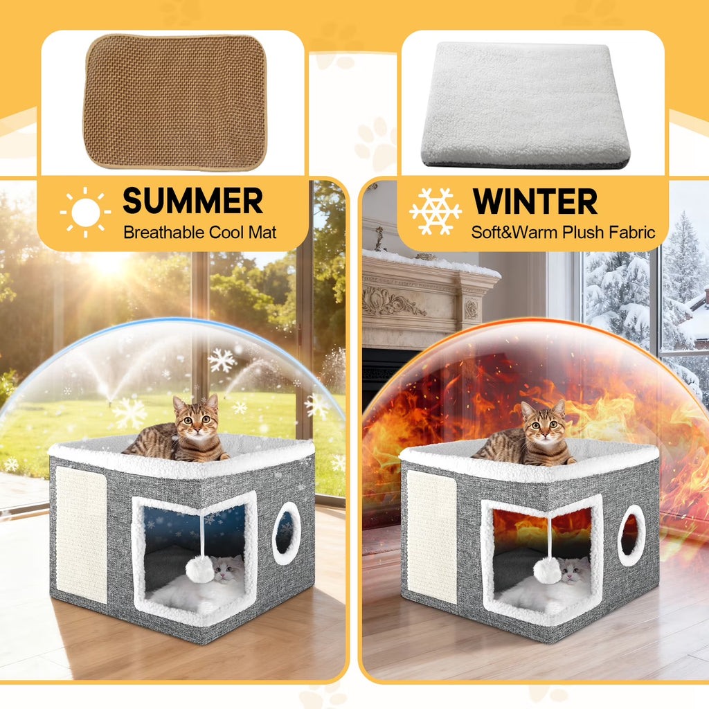 Cat Cube for Indoor Cats with Cooling Mat & Storage Pocket, Foldable Cat House Condo with Scratch Pad and Hanging Ball, Grey