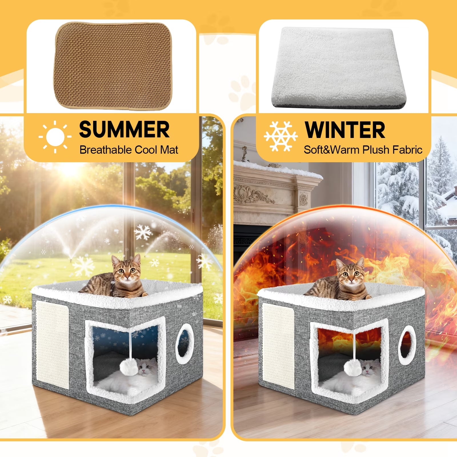 Cat Cube for Indoor Cats with Cooling Mat & Storage Pocket, Foldable Cat House Condo with Scratch Pad and Hanging Ball, Grey