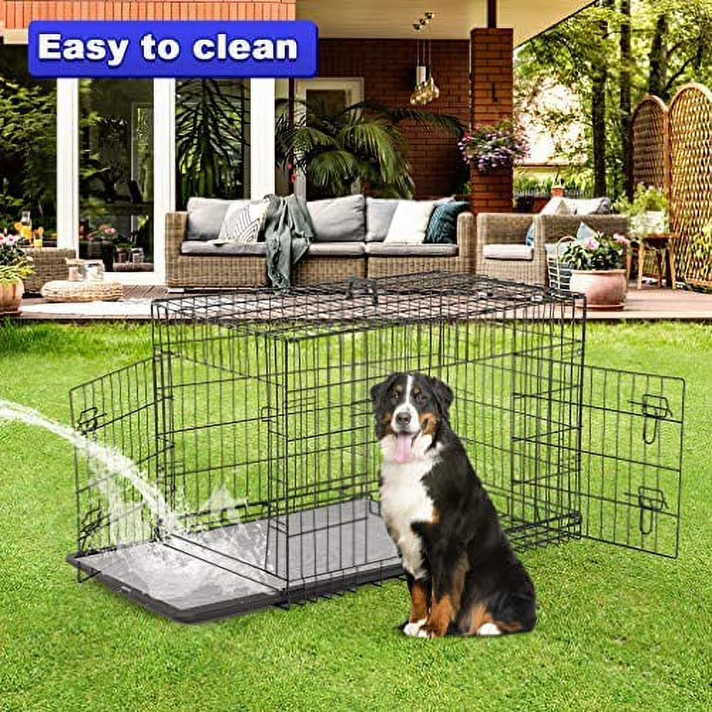 24 Inch Black Foldable Metal Double Door Dog Crate with Divider Removable Tray for Small Dogs