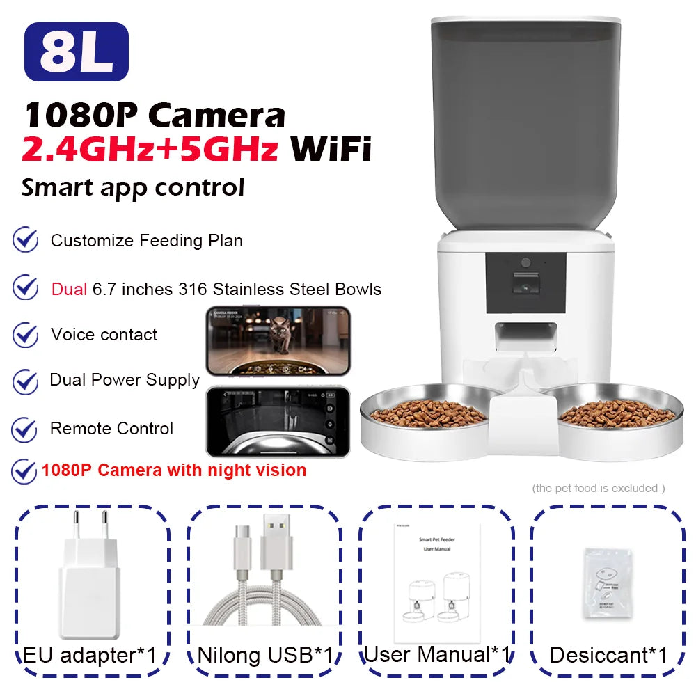 5G Smart Automatic Pet Feeder with 1080P HD Camera, WiFi Control & Voice Recorder
