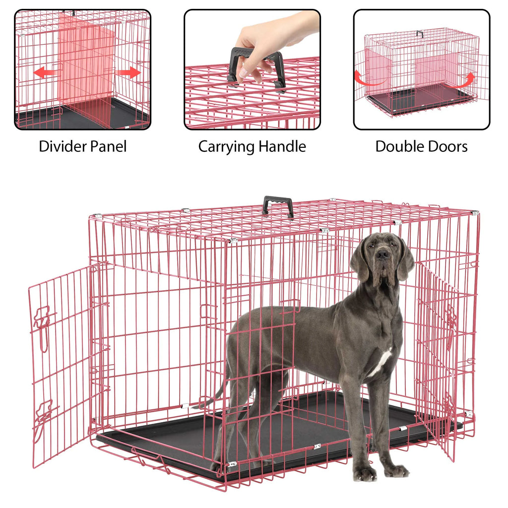 48" Foldable Double-Door Dog Crate – Heavy-Duty Metal Wire Kennel for Large Dogs with Removable Tray (Pink)