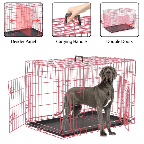 48" Foldable Double-Door Dog Crate – Heavy-Duty Metal Wire Kennel for Large Dogs with Removable Tray (Pink)