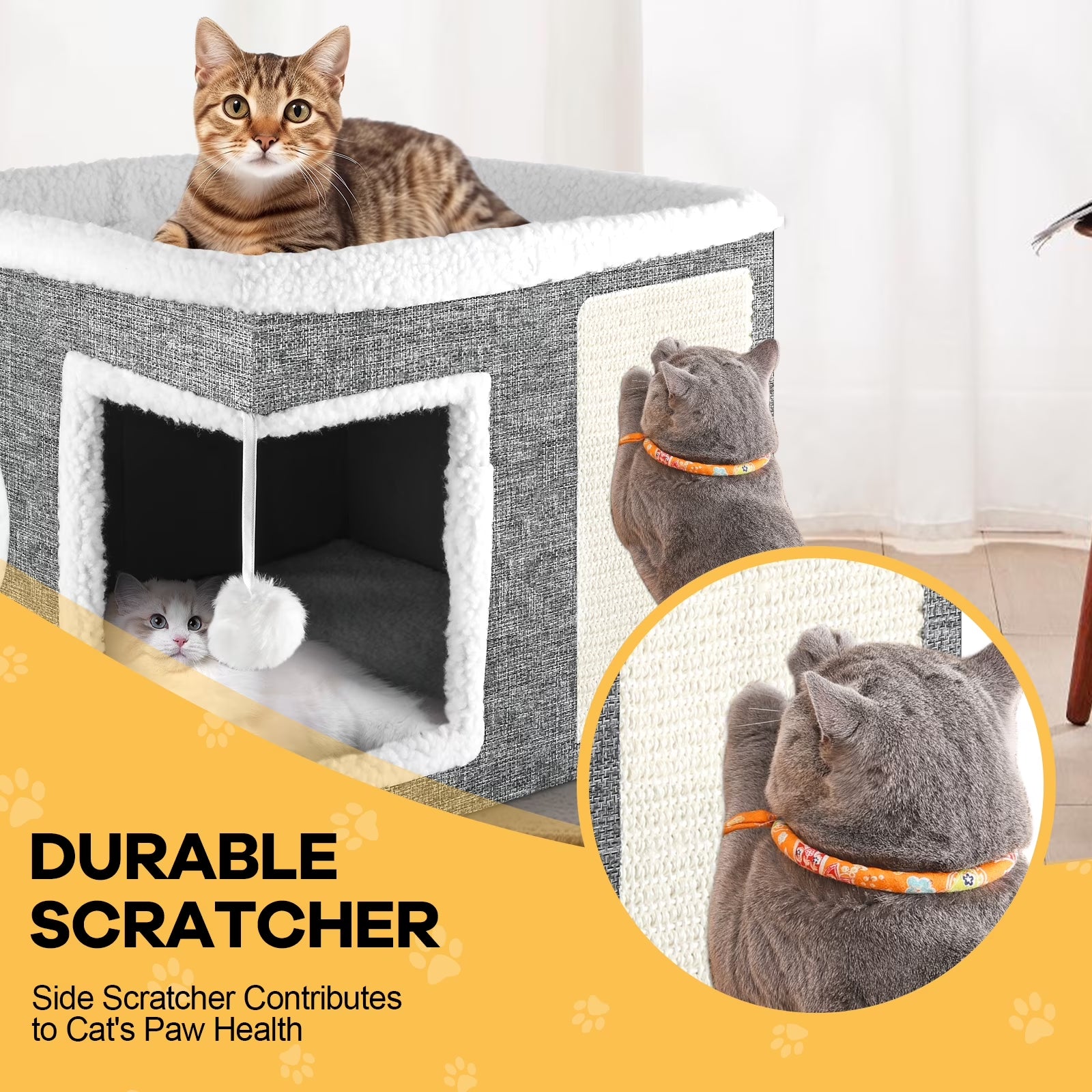Cat Cube for Indoor Cats with Cooling Mat & Storage Pocket, Foldable Cat House Condo with Scratch Pad and Hanging Ball, Grey