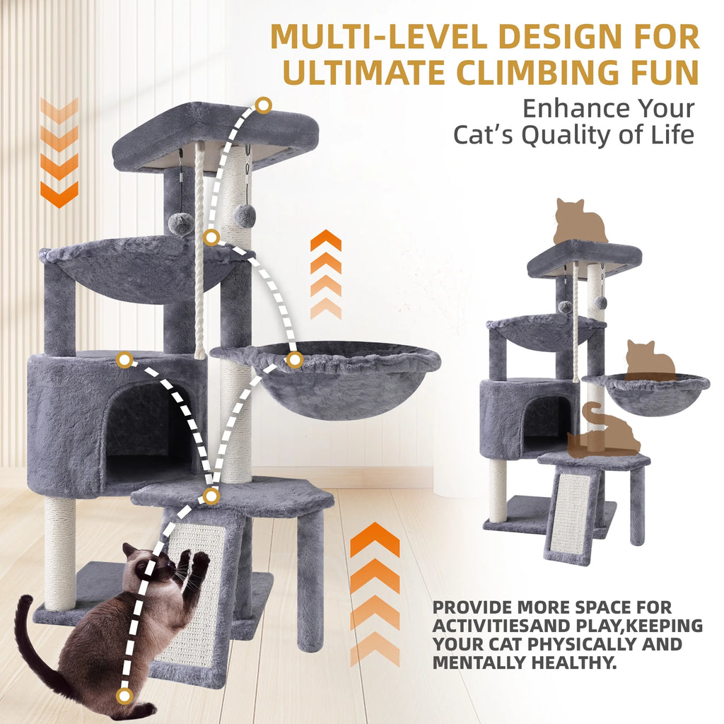 Cat Activity Tower with Condo, Climbing Platforms & Two Hammocks – 37.4 Inch Gray