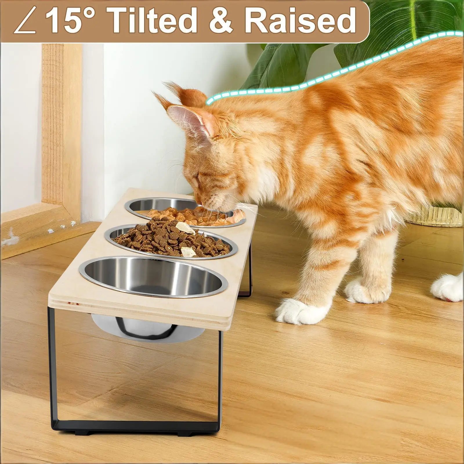 15° Tilted Elevated Cat & Puppy Feeder – Raised Feeding Station with 3 Stainless Steel Bowls