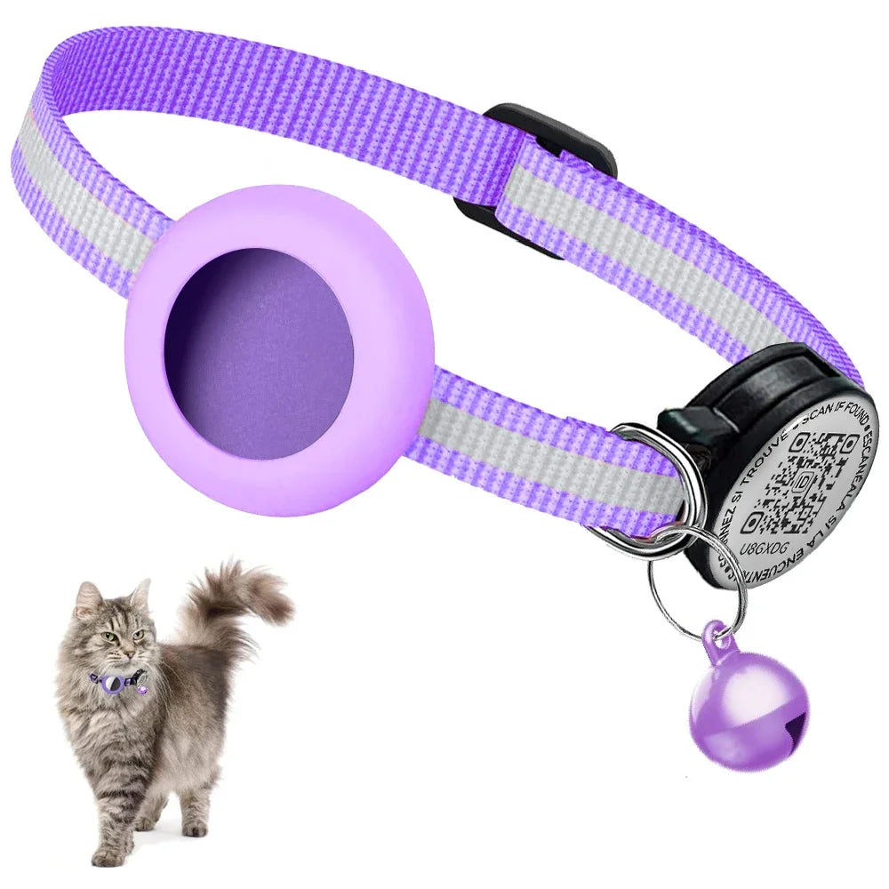 GPS Tracker Cat Collar with QR Name Tag & Airtag Holder, 2 in 1 Protection Reflective Collar for Cats Airtag Case Gatos