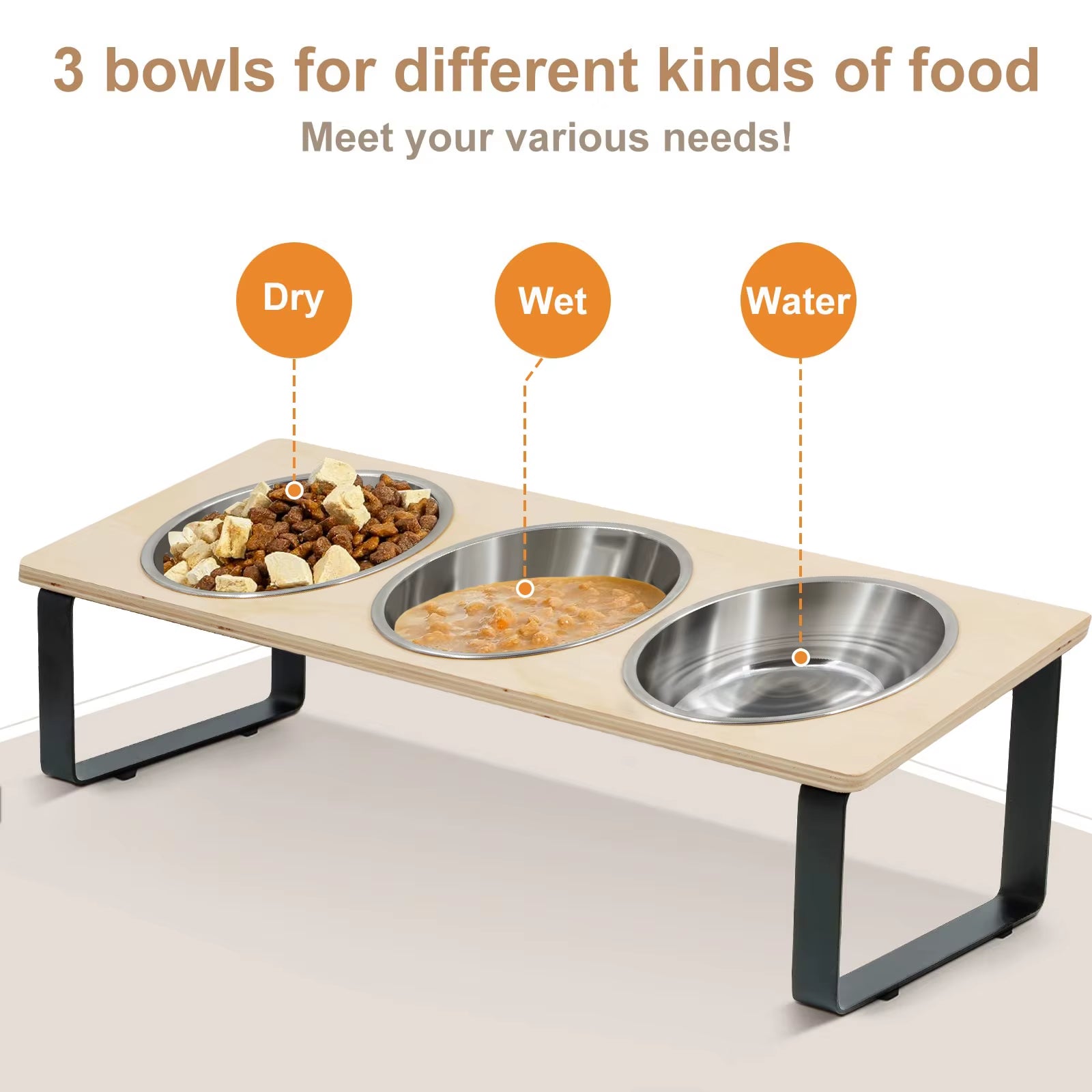 15° Tilted Elevated Cat & Puppy Feeder – Raised Feeding Station with 3 Stainless Steel Bowls