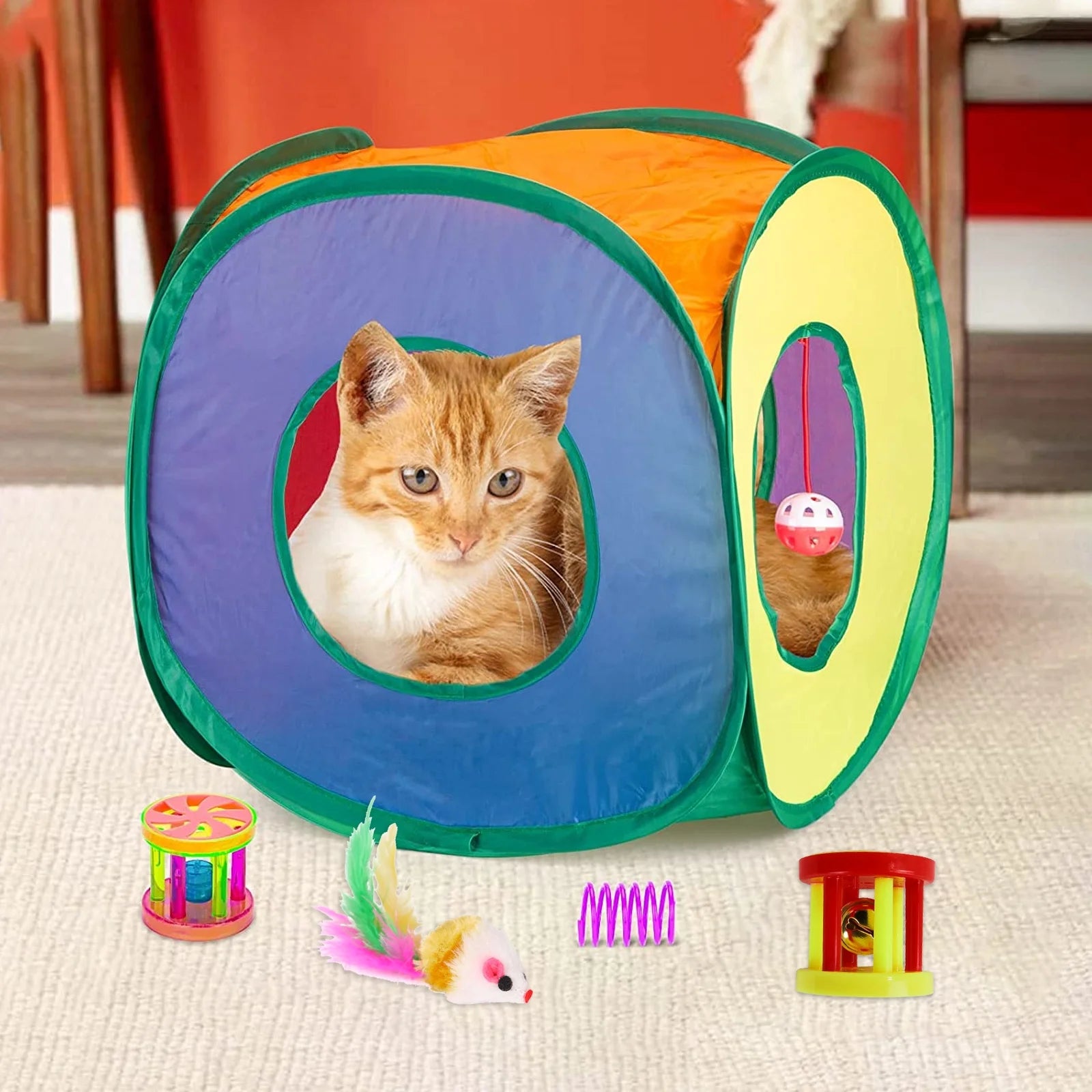 15PCS Cat Toys Kitten Toys Combination Tunnel Interactive Cat Toys- Stick Colorful Mouse Plush Ball 