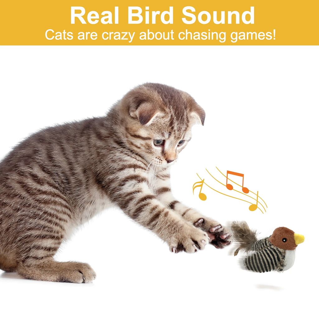 Interactive Electronic Cat Toy, Automatic Chirping Bird Toy Squeaky with Feather Tail, Melody Chaser Toy for Cats to Play Alone