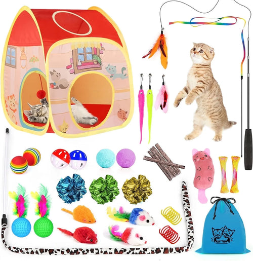 34-Piece Interactive Cat Toy Set with Tunnel, Tent, Wand & Feather Teasers