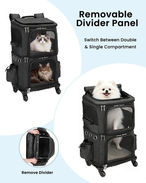 2-in-1 Rolling Pet Carrier Backpack – Double-Compartment Travel Carrier for Cats & Small Dogs