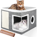 Cat Cube for Indoor Cats with Cooling Mat & Storage Pocket, Foldable Cat House Condo with Scratch Pad and Hanging Ball, Grey