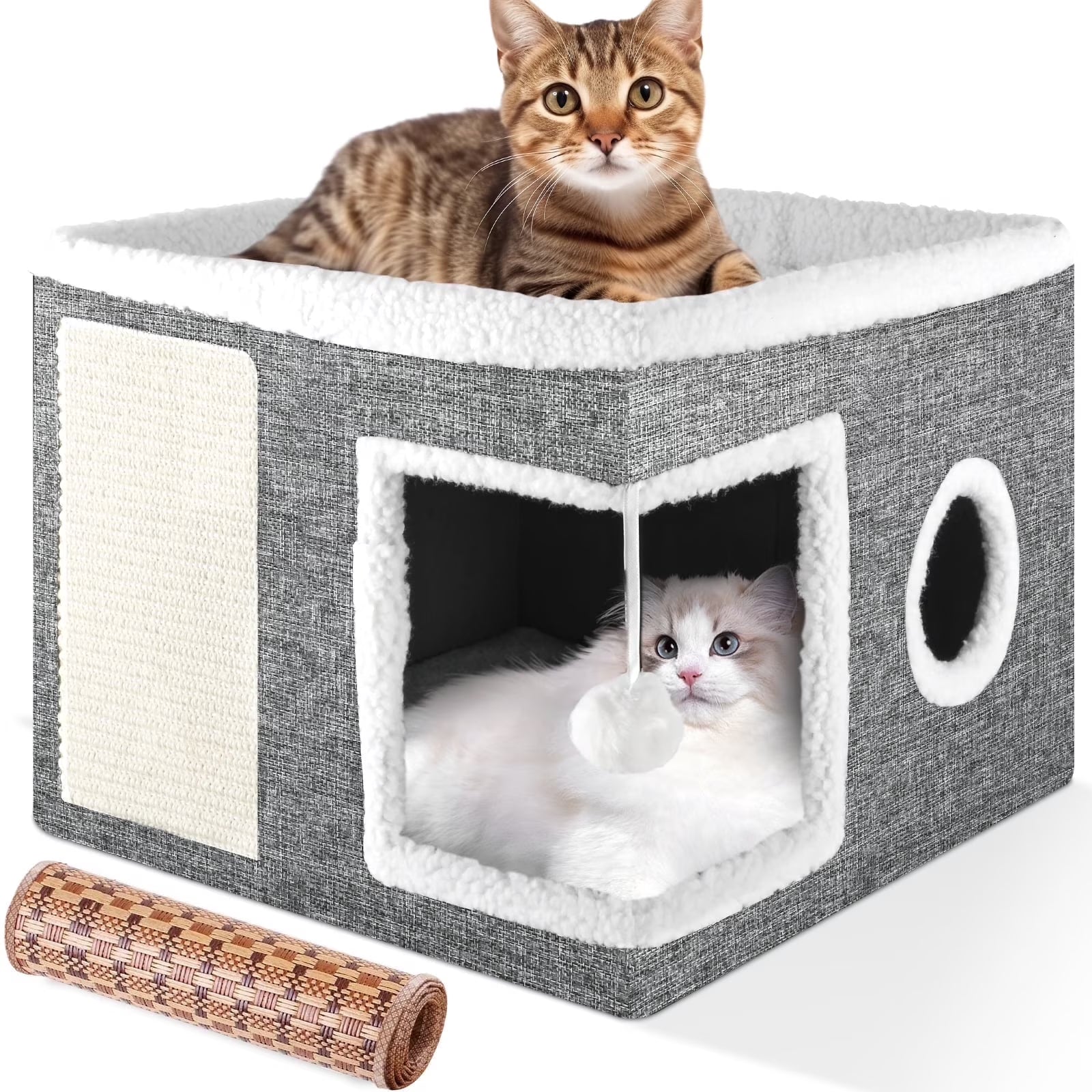 Cat Cube for Indoor Cats with Cooling Mat & Storage Pocket, Foldable Cat House Condo with Scratch Pad and Hanging Ball, Grey