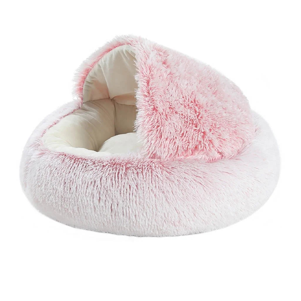 Plush Hooded Cat Cave Bed – Calming Round Pet Bed for Indoor Cats & Small Dogs | Soft Washable Anti-Anxiety Bed with Waterproof Bottom (16"x16")