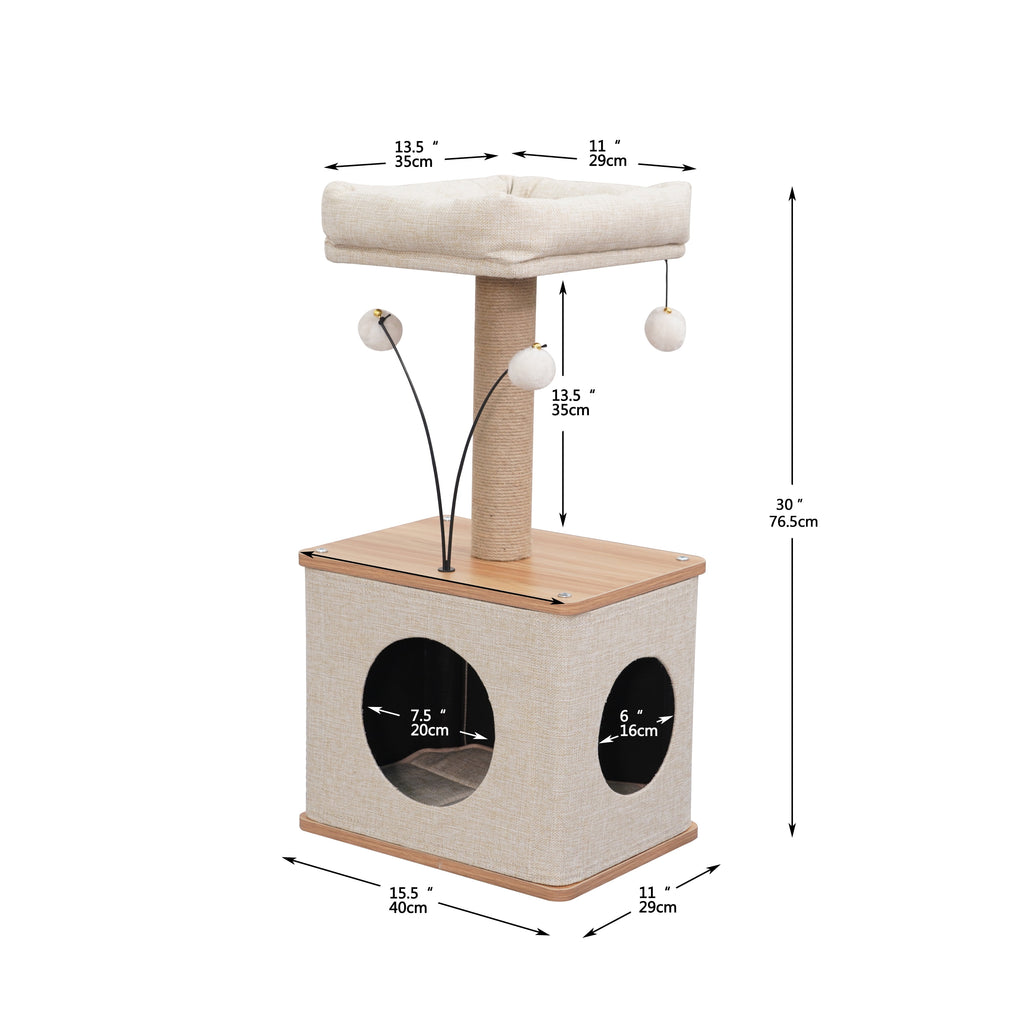 3-Level 30" Minimalist Cat Tree with Large Condo and Perch, 3 Toys, Beige
