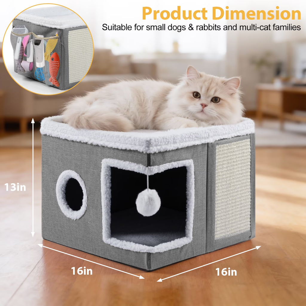 Cat Cube for Indoor Cats with Cooling Mat & Storage Pocket, Foldable Cat House Condo with Scratch Pad and Hanging Ball, Grey