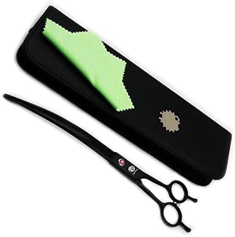 9" Professional Downward Curved Pet Grooming Shears – Black, Left or Right-Hand Use with Storage Bag
