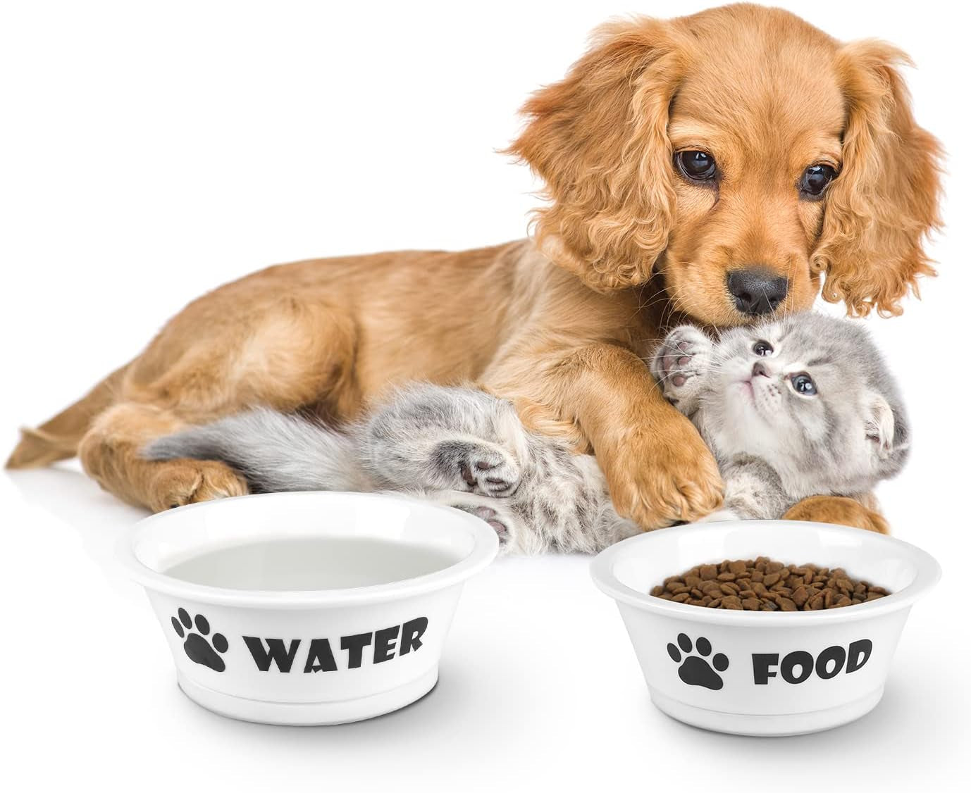 2-Pack Ceramic Cat & Dog Bowls – Durable Food and Water Dishes with Anti-Slip Band (Small)