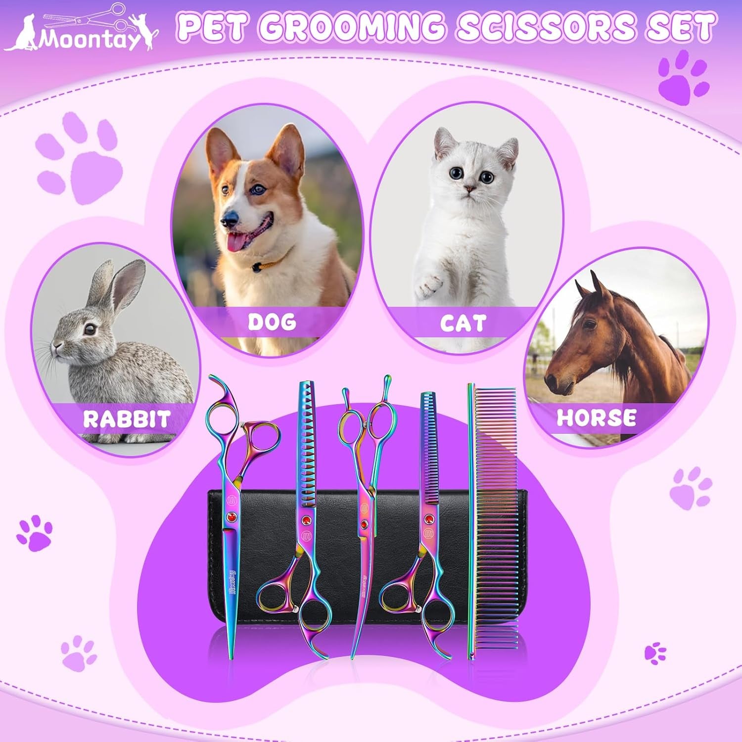 Professional Pet Grooming Scissors Set – 7" & 8" Curved, Thinning & Chunker Shears with Grooming Comb