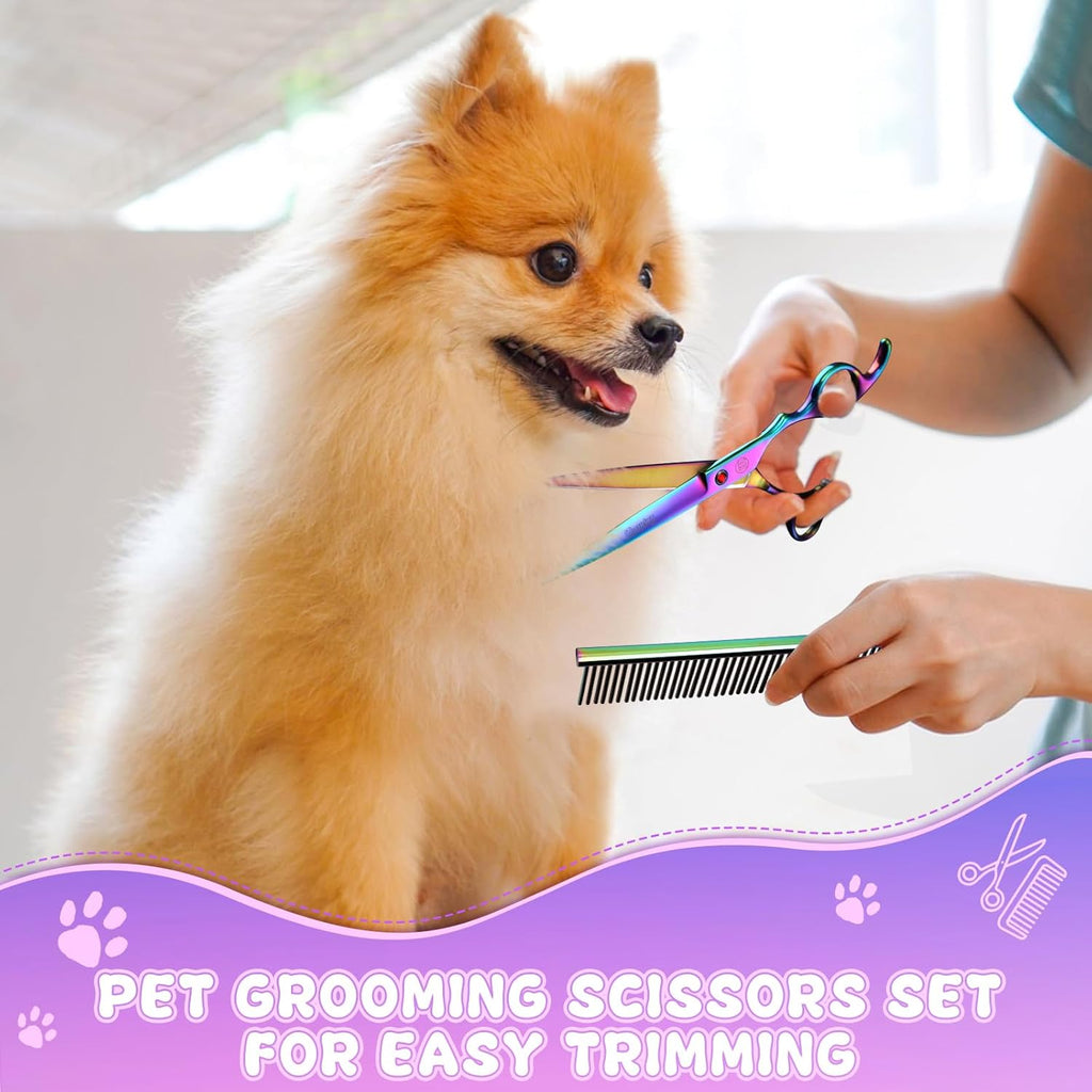 Professional Pet Grooming Scissors Set – 7" & 8" Curved, Thinning & Chunker Shears with Grooming Comb