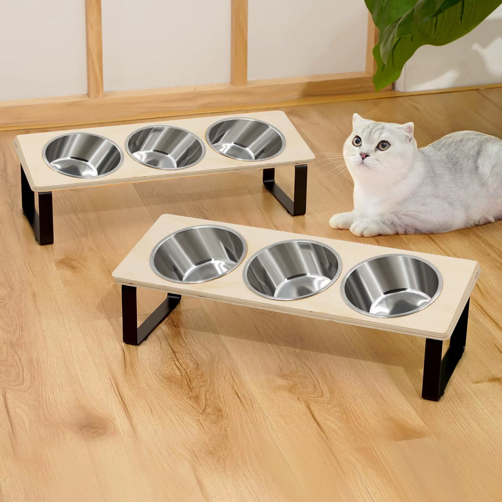 15° Tilted Elevated Cat & Puppy Feeder – Raised Feeding Station with 3 Stainless Steel Bowls