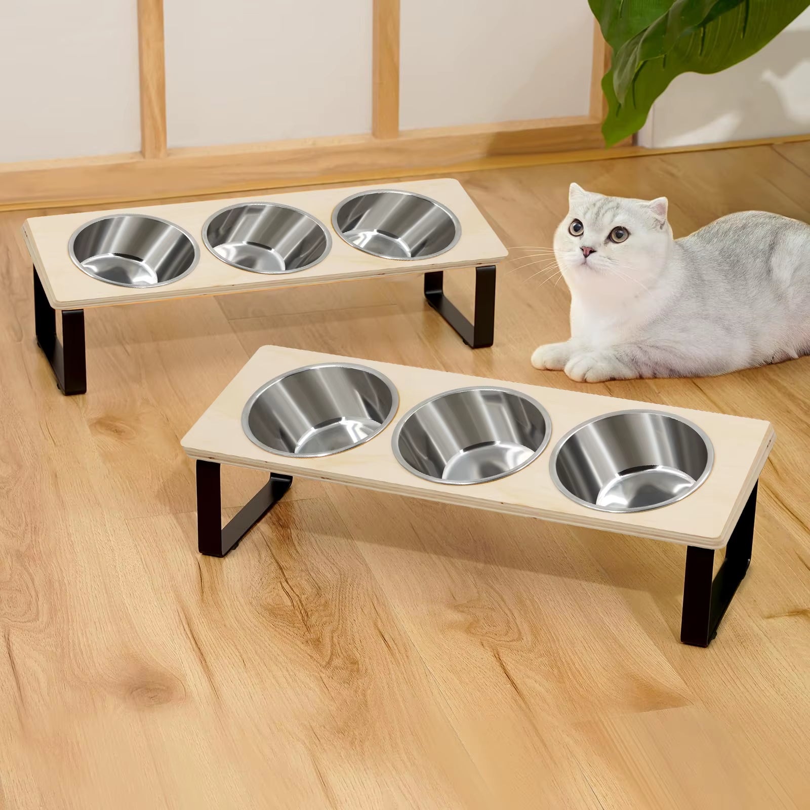 15° Tilted Elevated Cat & Puppy Feeder – Raised Feeding Station with 3 Stainless Steel Bowls